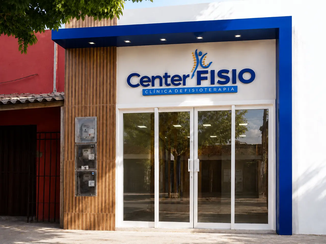 Fachada comercial em ACM azul com detalhes amadeirados